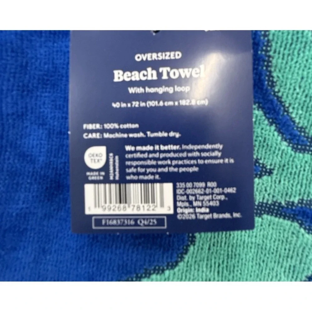 Roller Rabbit Blue Lobster Oversized Beach Towel‎ 40x72 Cotton Hanging Loop NWT